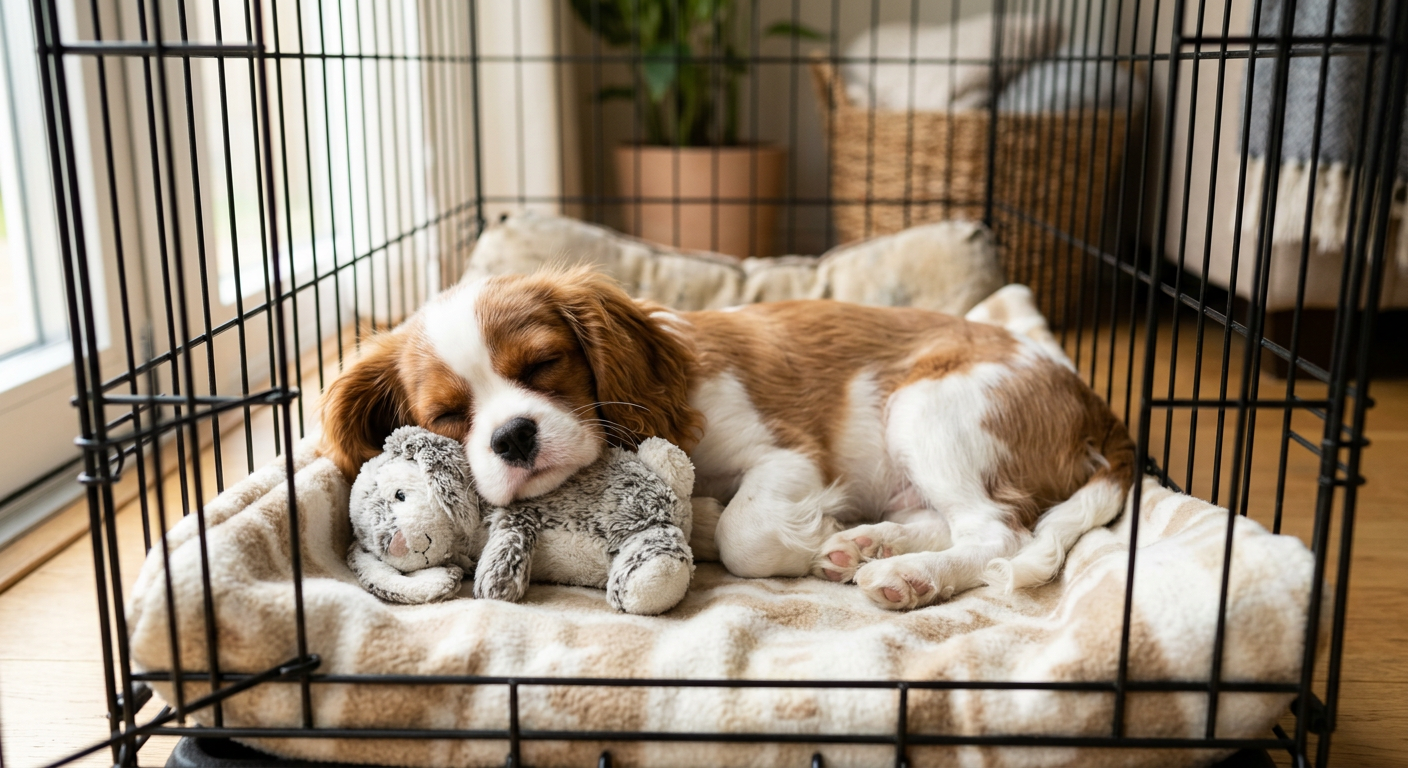 A Cavalier King Charles Spaniel puppy sleeping in a modern puppy crate with a soft blanket.