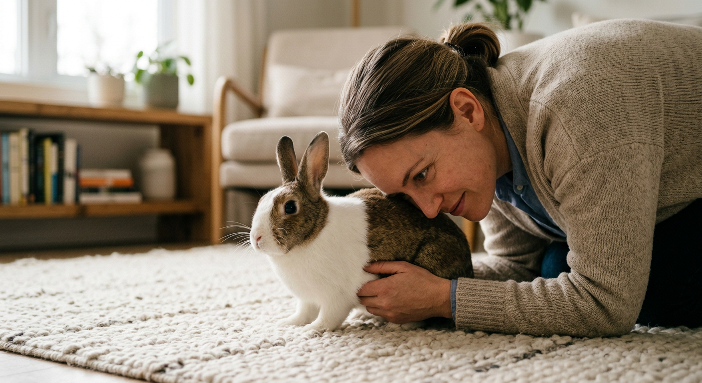 A close up of a Dutch rabbit sitting on a rug with a person gently listening to its side.