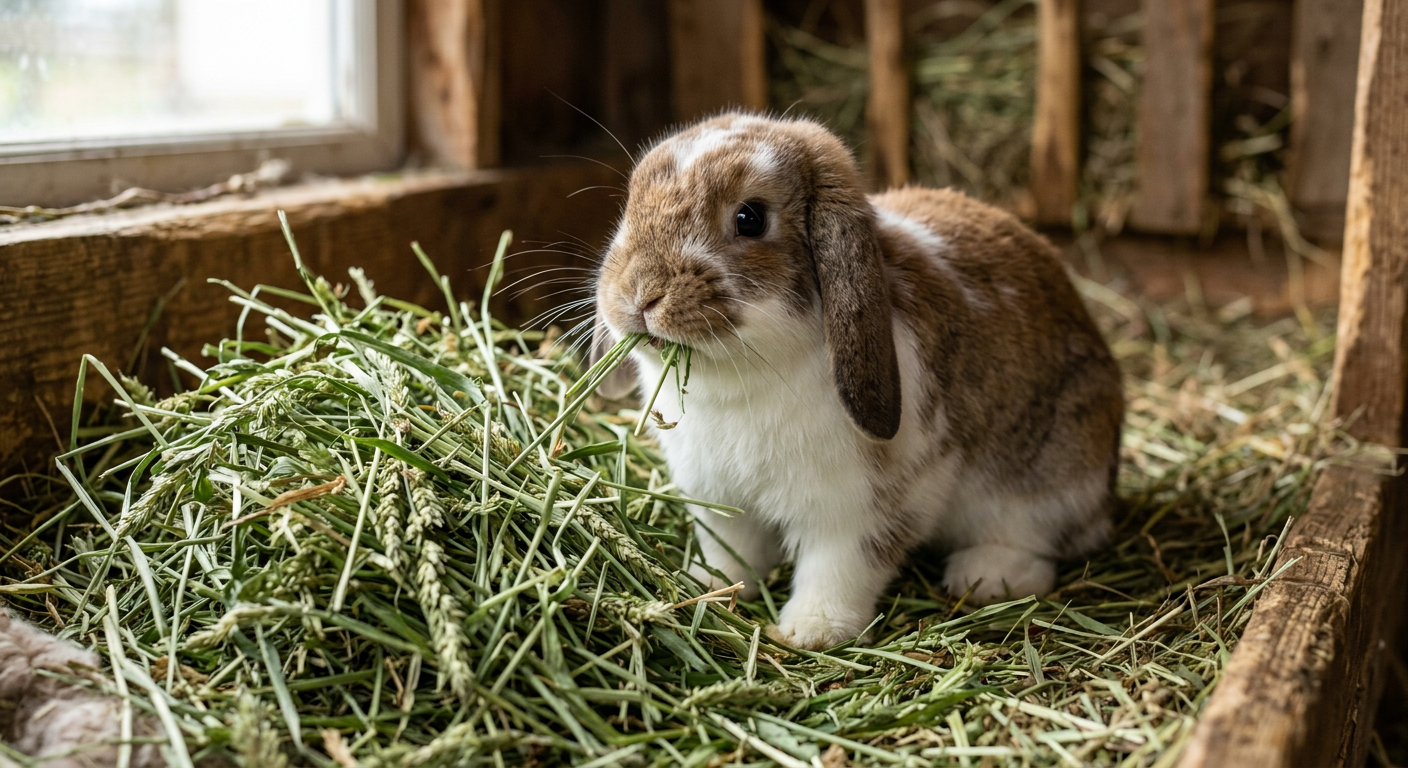 A Mini Lop rabbit eating fresh green Timothy hay from a wooden feeder.