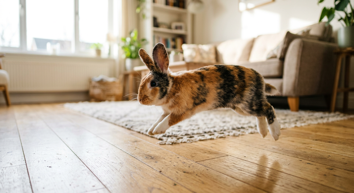 A Harlequin rabbit exploring a living room floor, showing active movement.