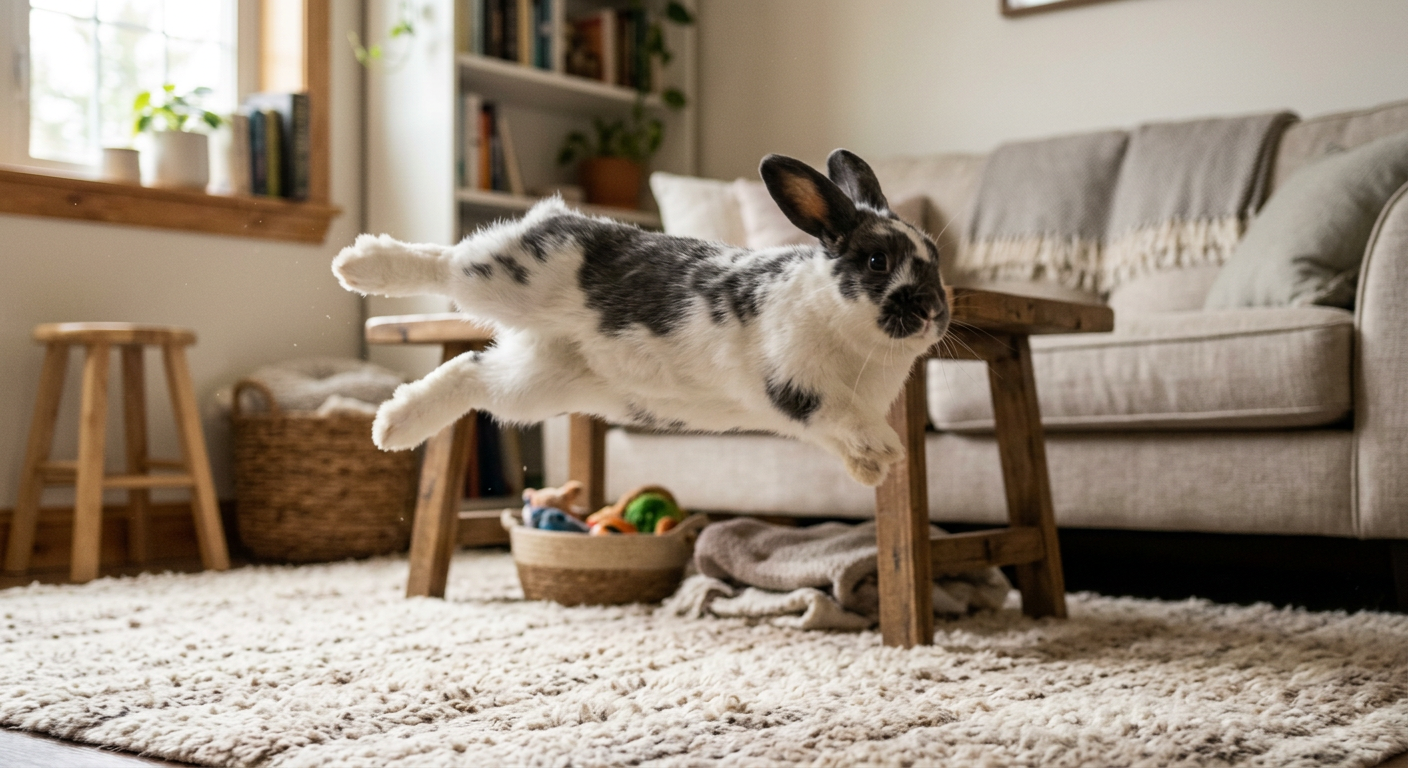 A Holland Lop rabbit performing a mid-air binky twist in a sunlit living room with rugs.