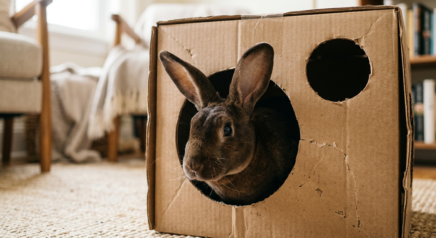 A Rex rabbit peaking out from a cardboard hidey-house with an alert expression.