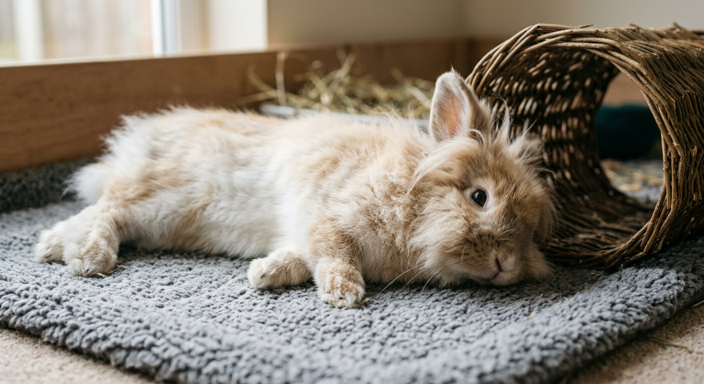A Lionhead rabbit flopped comfortably on a soft mat near a wooden tunnel.