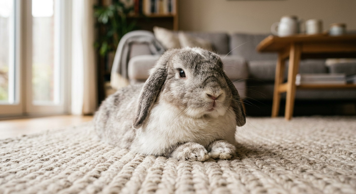 A calm Holland Lop rabbit sitting on a soft rug, showing a relaxed posture while its nose twitches slightly.