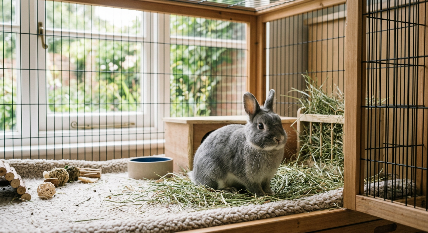 A Netherland Dwarf rabbit in a well-ventilated indoor enclosure with fresh hay and a wooden hideout.