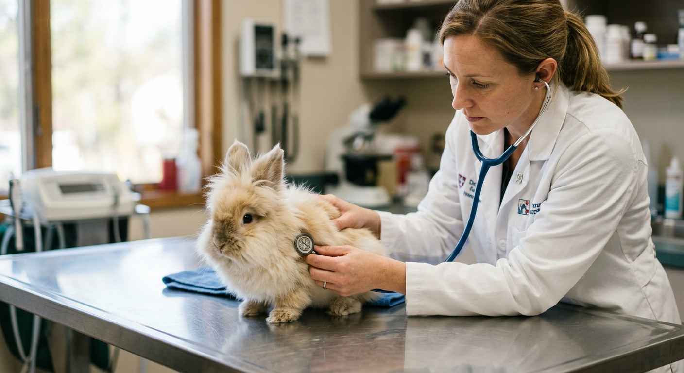 A veterinarian gently examining a Lionhead rabbit on a clinical table to ensure its respiratory health.
