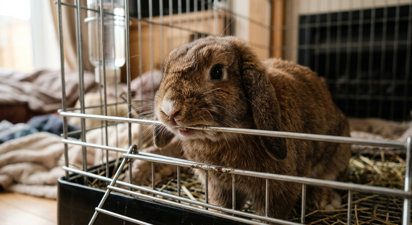 A brown Holland Lop rabbit biting the metal bars of its white enclosure in a living room.