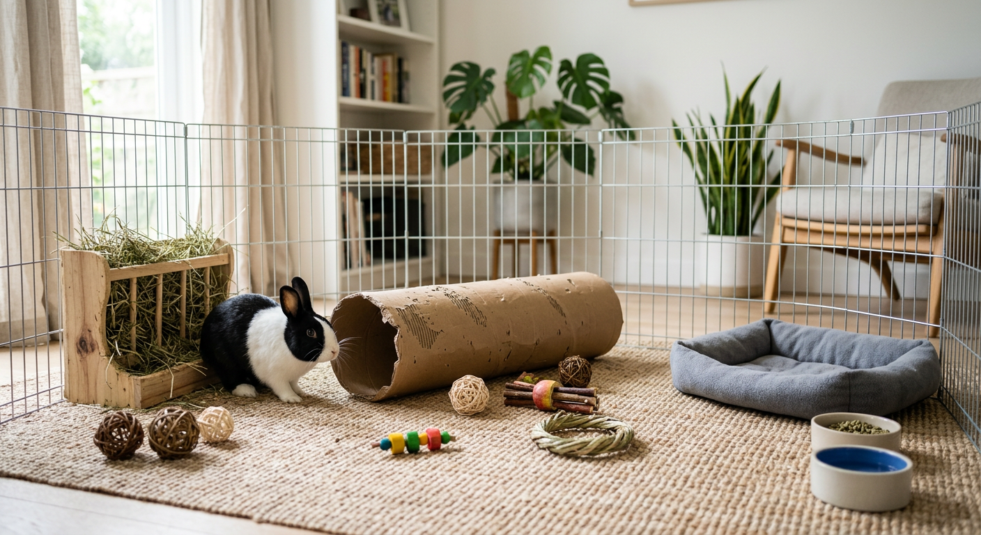 A large, spacious exercise pen for a rabbit with tunnels, hay, and toys on a rug.