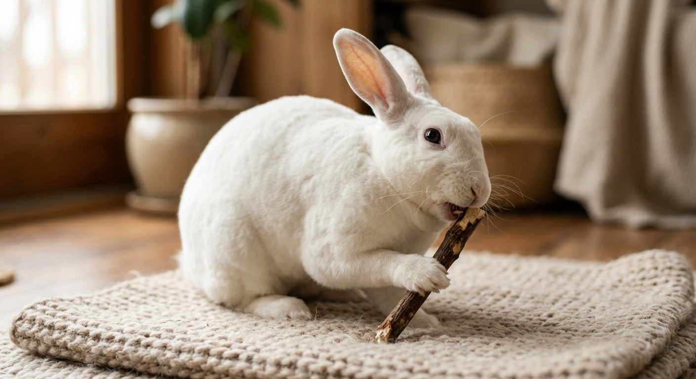 A white Rex rabbit happily chewing on a natural apple wood stick toy.