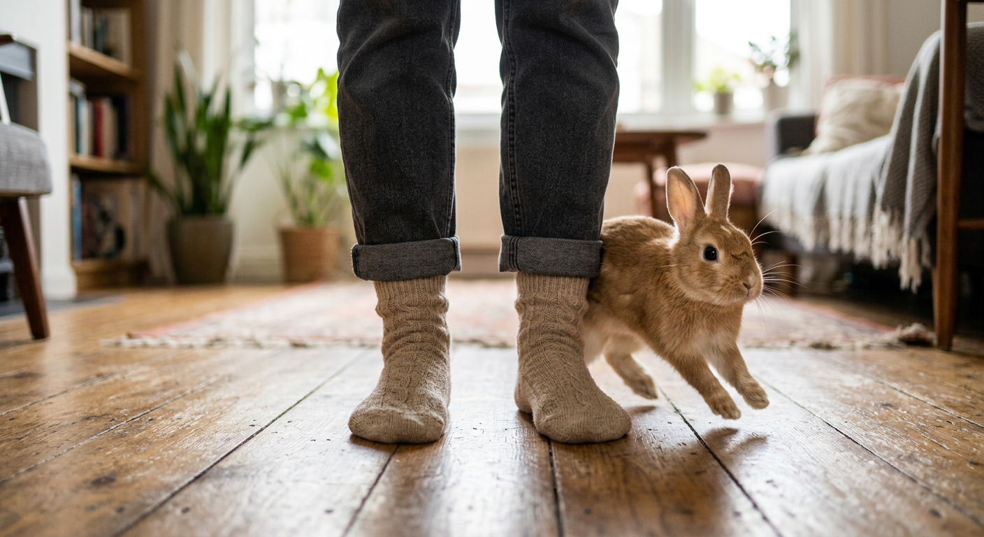 A Netherland Dwarf rabbit energetically circling the feet of a person wearing slippers in a sunlit living room.