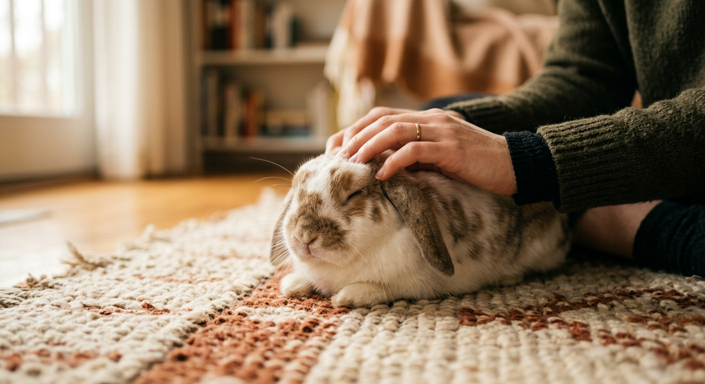 A person sitting on the floor petting a Holland Lop rabbit after it finished circling their feet.
