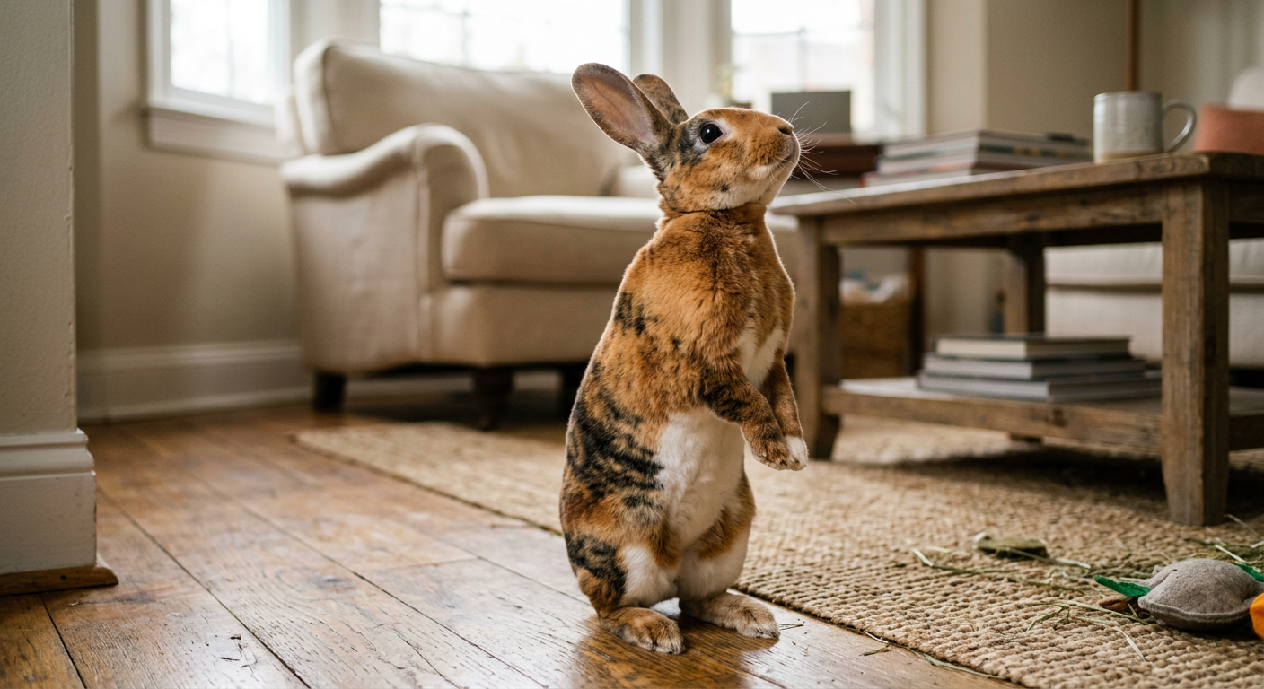 A Rex rabbit standing on its hind legs after circling its owner's feet for a treat.
