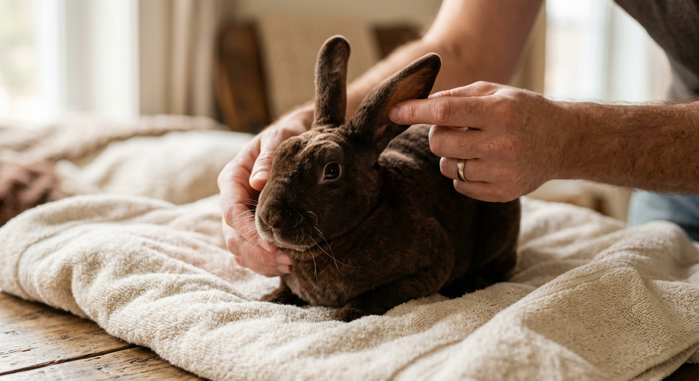 A Rex rabbit being gently examined by a person looking at its ears in a brightly lit room.