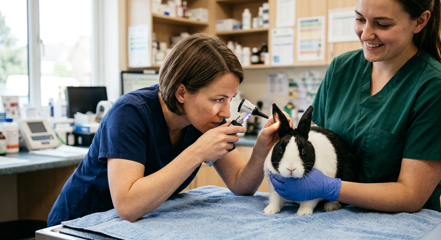 A veterinarian using an otoscope to look inside the ear of a white and grey Dutch rabbit.
