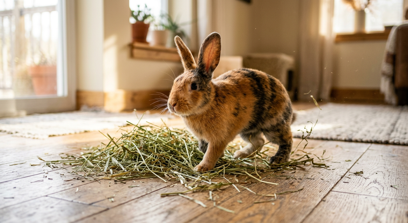 A happy Harlequin rabbit hopping in a clean indoor play area with hay and toys.