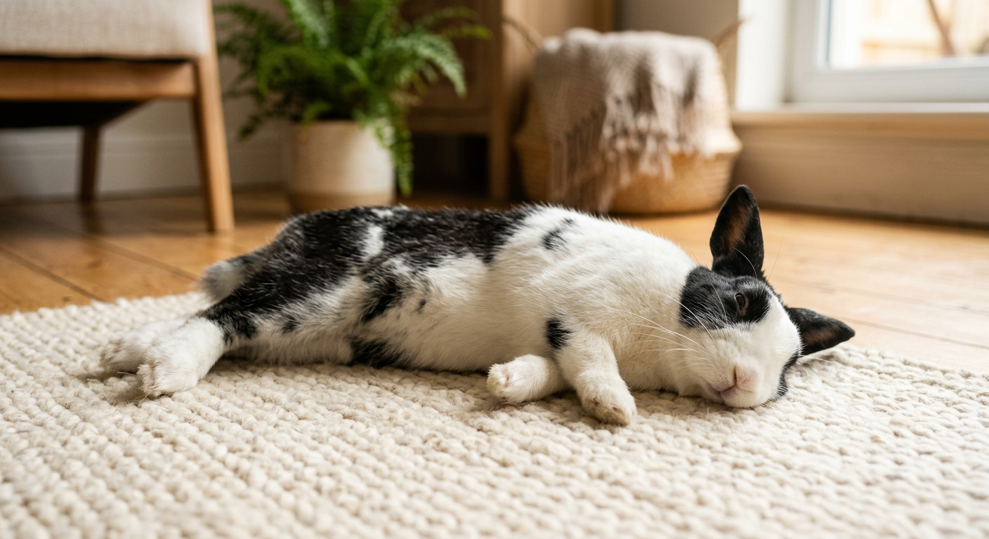 A Dutch rabbit happily flopped on its side on a soft rug in a sunlit living room.