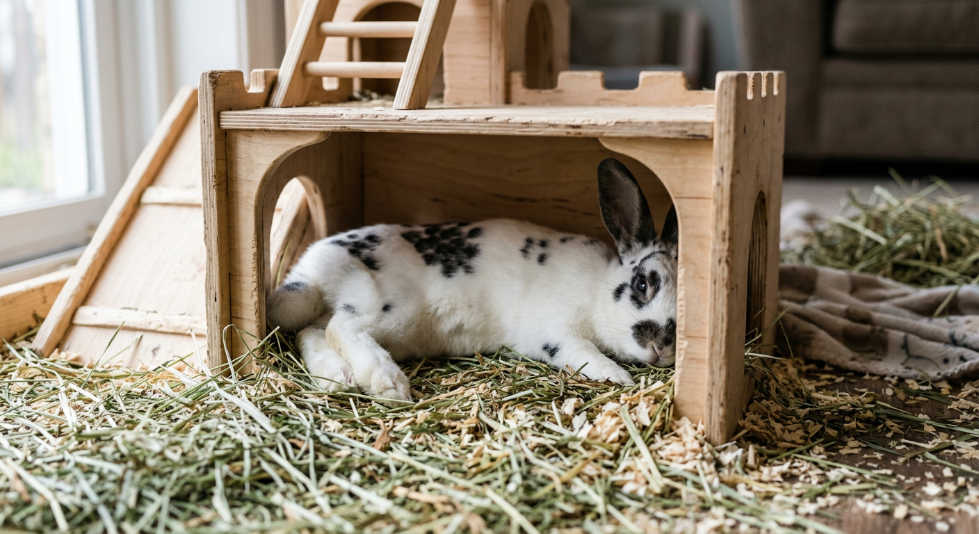 An English Spot rabbit resting comfortably in a wooden hideout with hay visible.