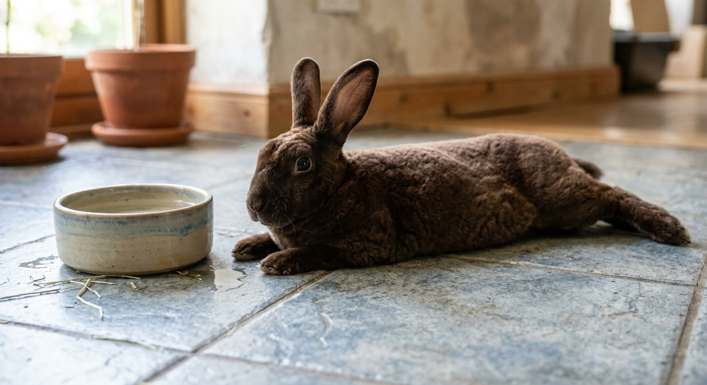 A Rex rabbit lying on a cool tile floor near a water bowl to stay cool.