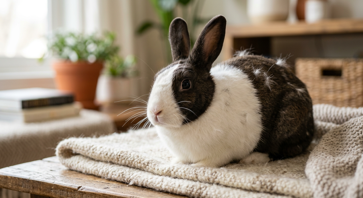 A brown and white Dutch rabbit sitting on a soft blanket with noticeable tufts of loose fur on its back.