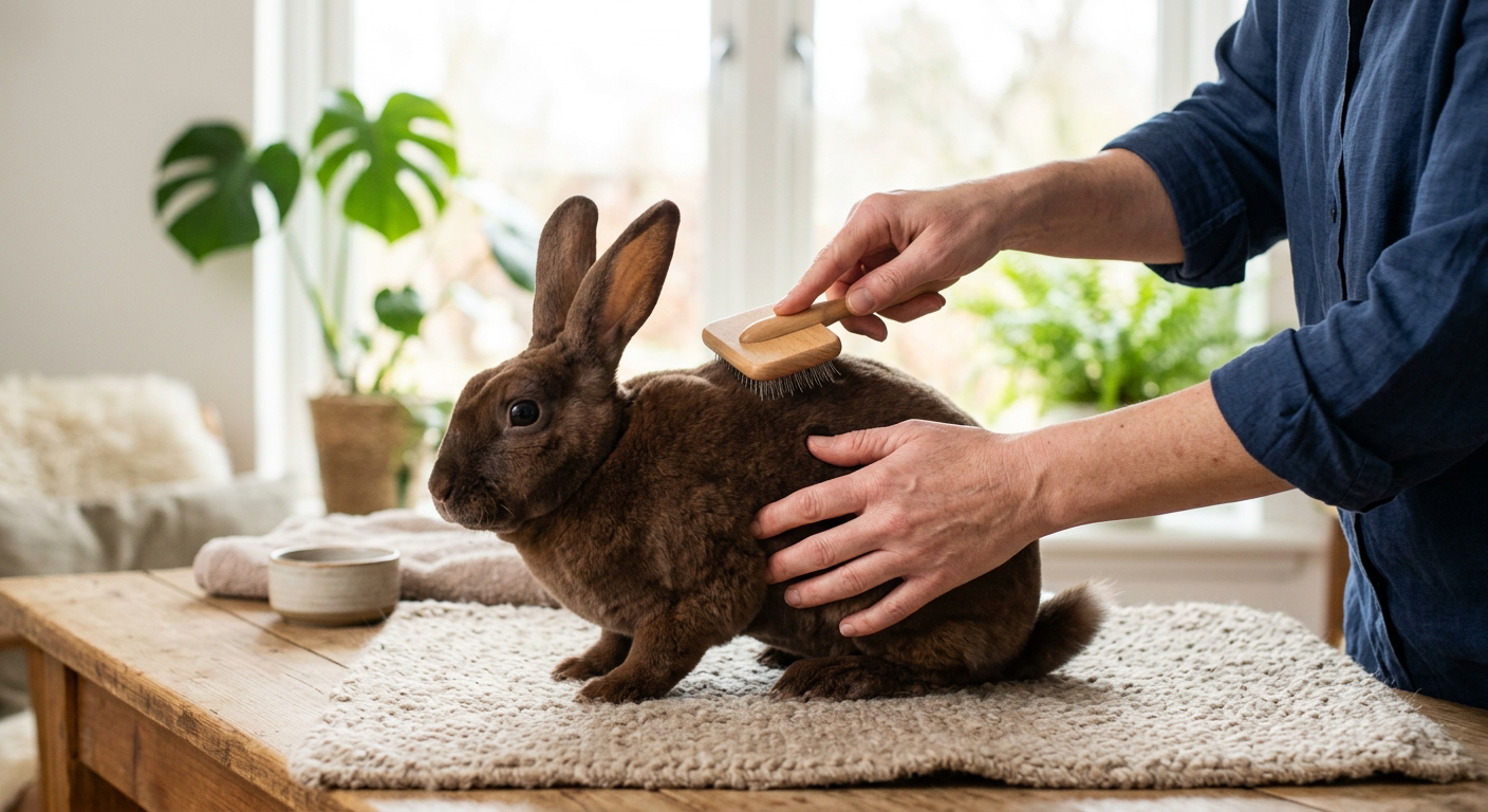 A person gently brushing a Rex rabbit with a soft grooming brush to remove loose hair.