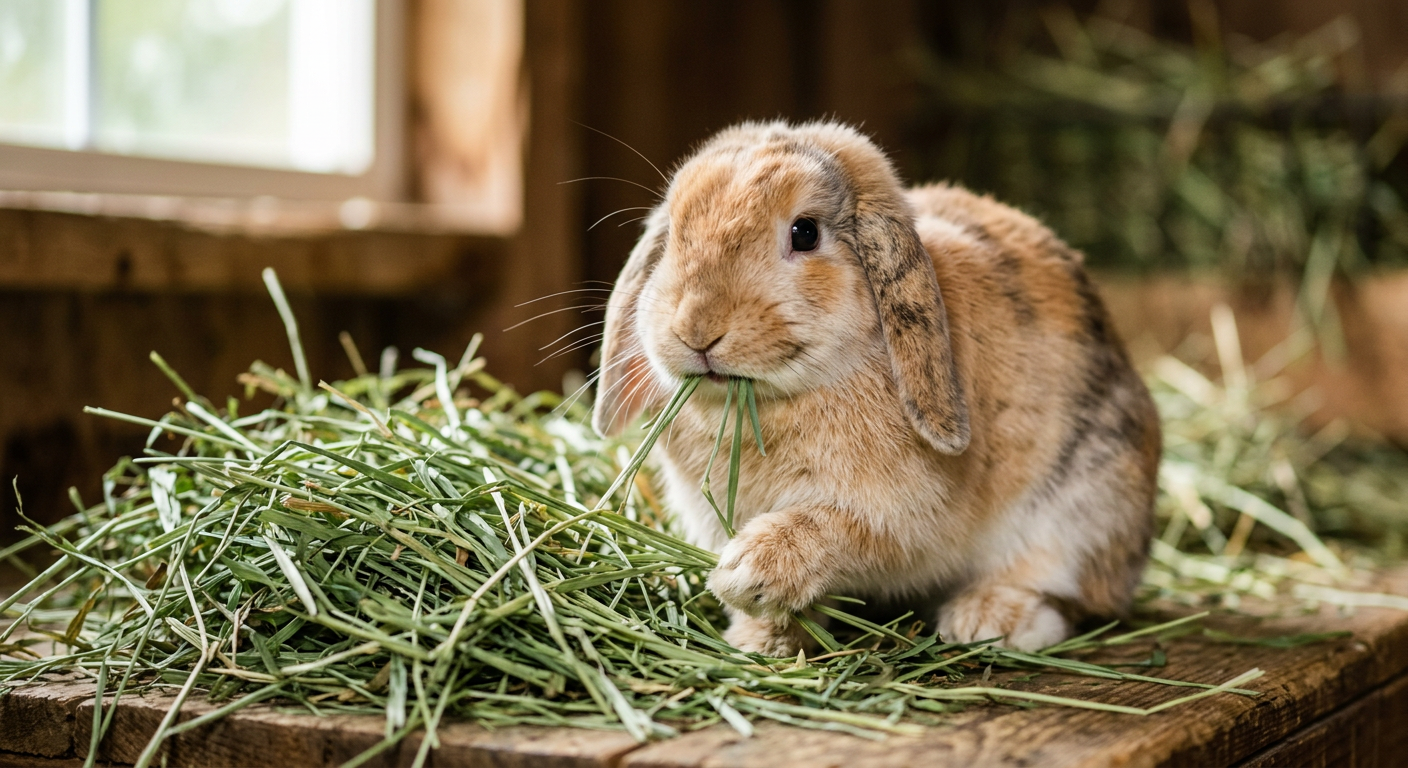 A healthy Holland Lop rabbit eating fresh timothy hay in a clean wooden enclosure.