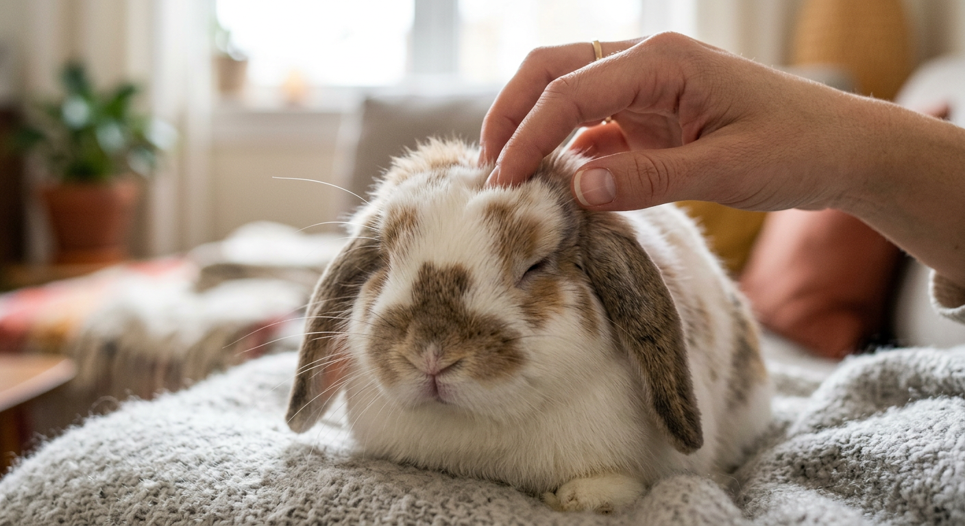 A fluffy Holland Lop rabbit sitting contentedly on a soft rug while being gently petted on the head.