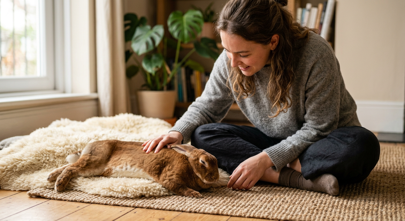 A person sitting on a wooden floor bonding with a Rex rabbit during a grooming session.