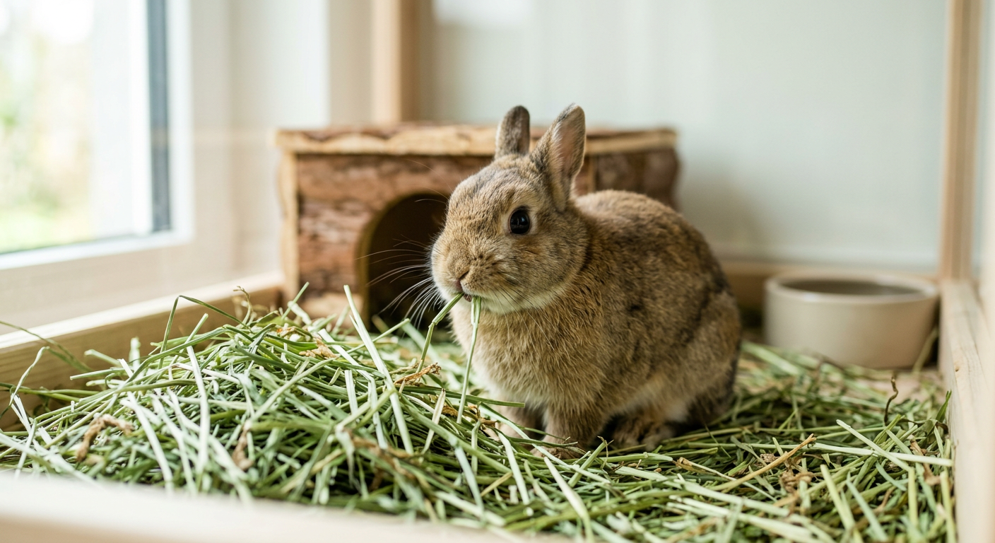A healthy Netherland Dwarf rabbit eating fresh Timothy hay to maintain dental health.