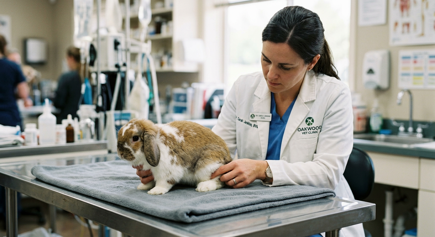 A veterinarian gently examining a domestic rabbit's hind leg in a well-lit clinic setting.