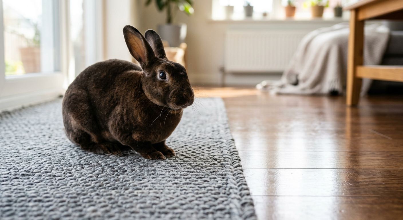 A rabbit sitting on a soft rug next to a slippery hardwood floor area.
