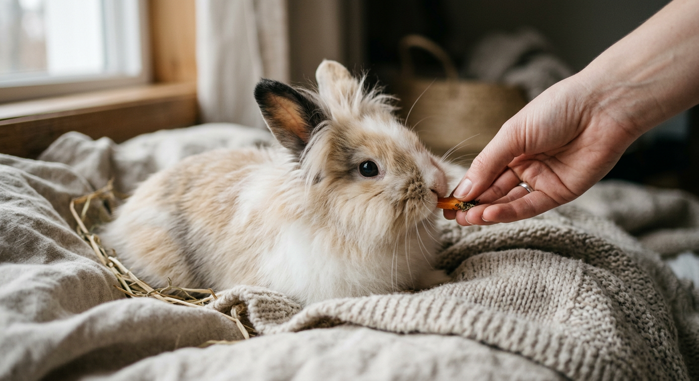A close up of a rabbit being monitored by its owner in a cozy indoor enclosure.