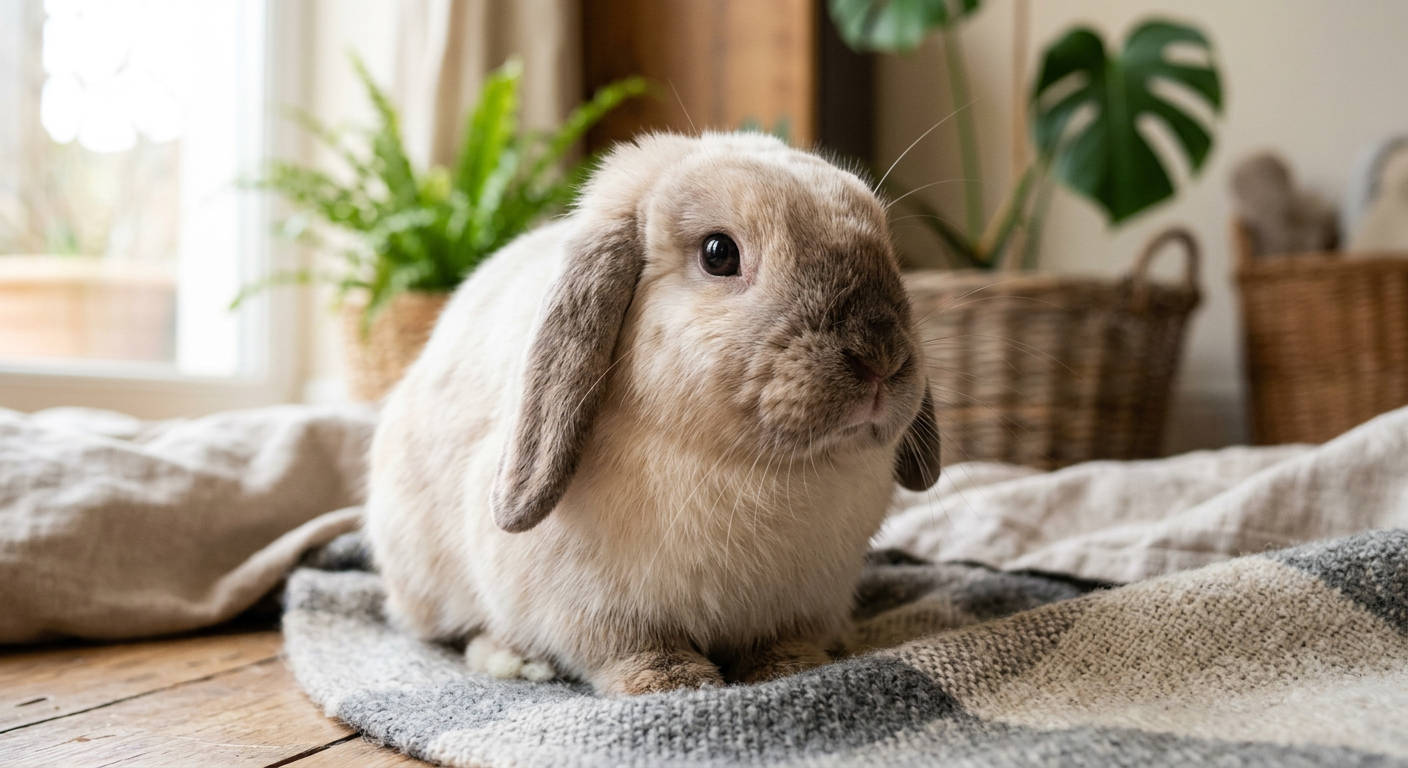 A Holland Lop rabbit with slight thinning of fur around the nose bridge sitting in clean hay.