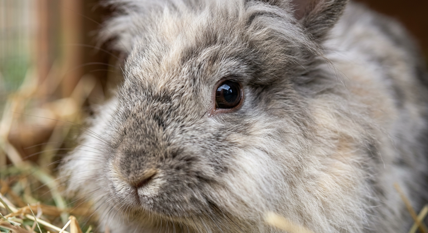 A close-up view of a Lionhead rabbit's eye area showing healthy skin and fluffy fur.
