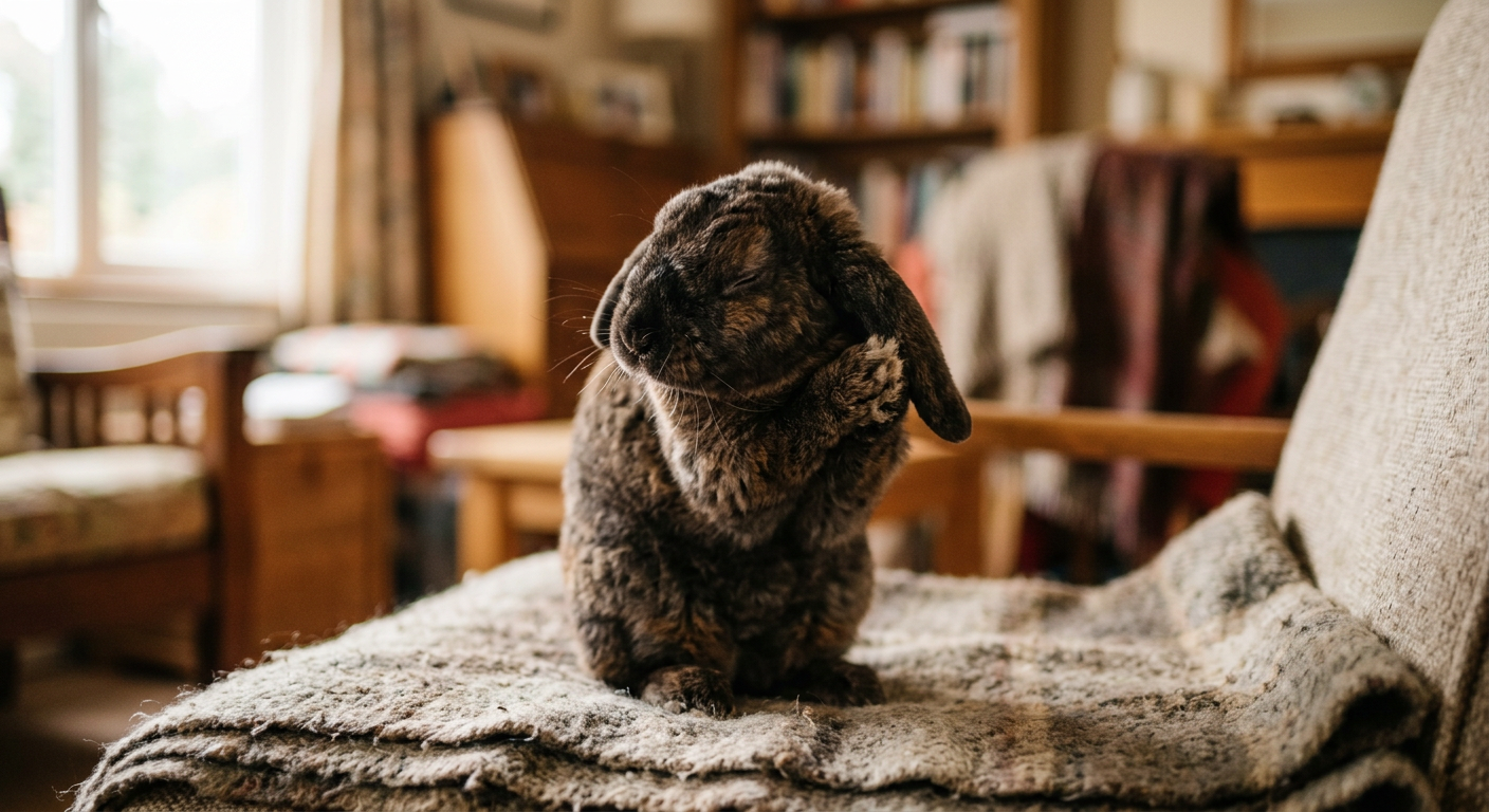 A Rex rabbit grooming its face with its paws in a cozy indoor enclosure.