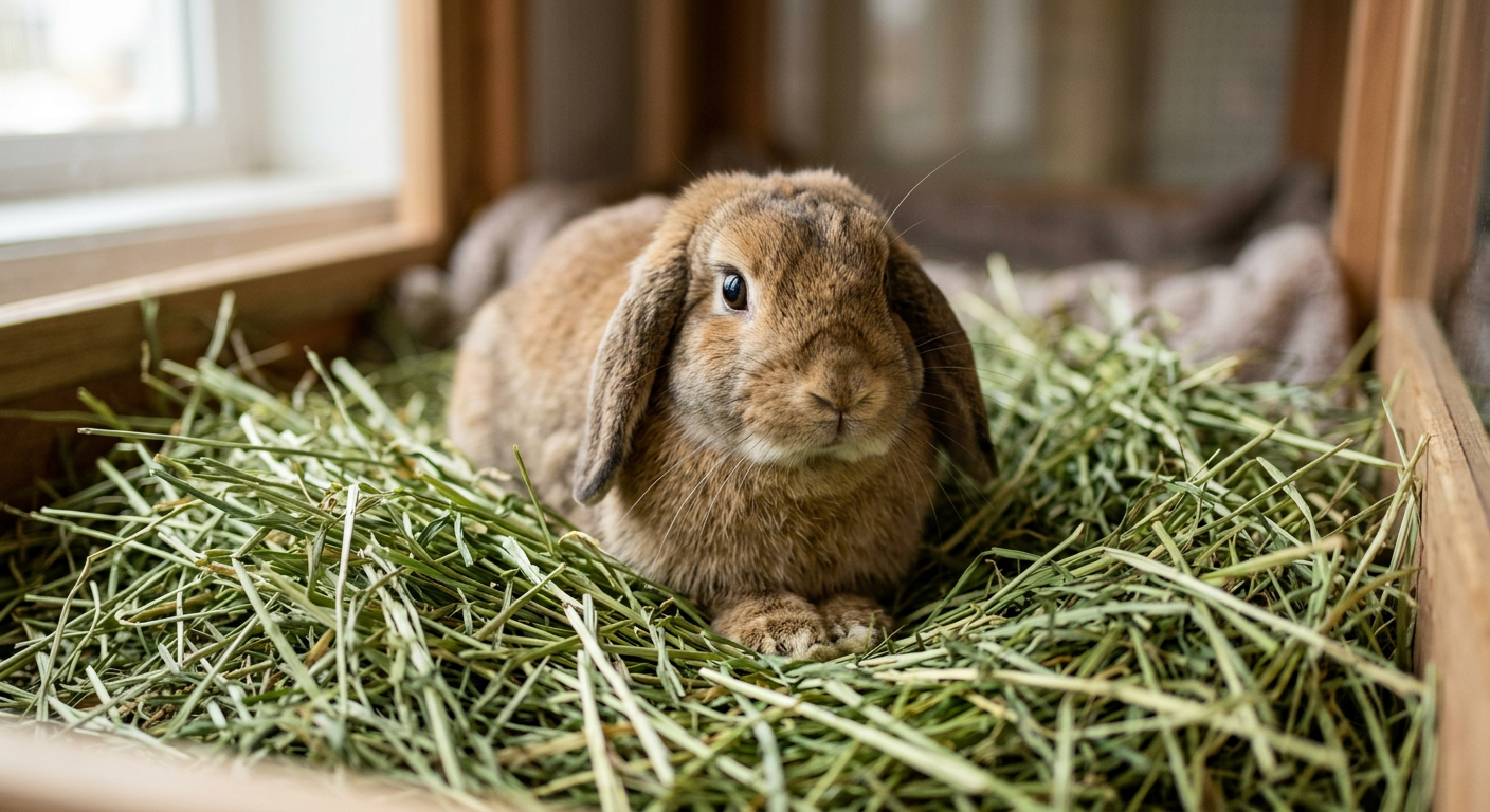 A close up photo of a Holland Lop rabbit sitting in clean hay looking healthy.