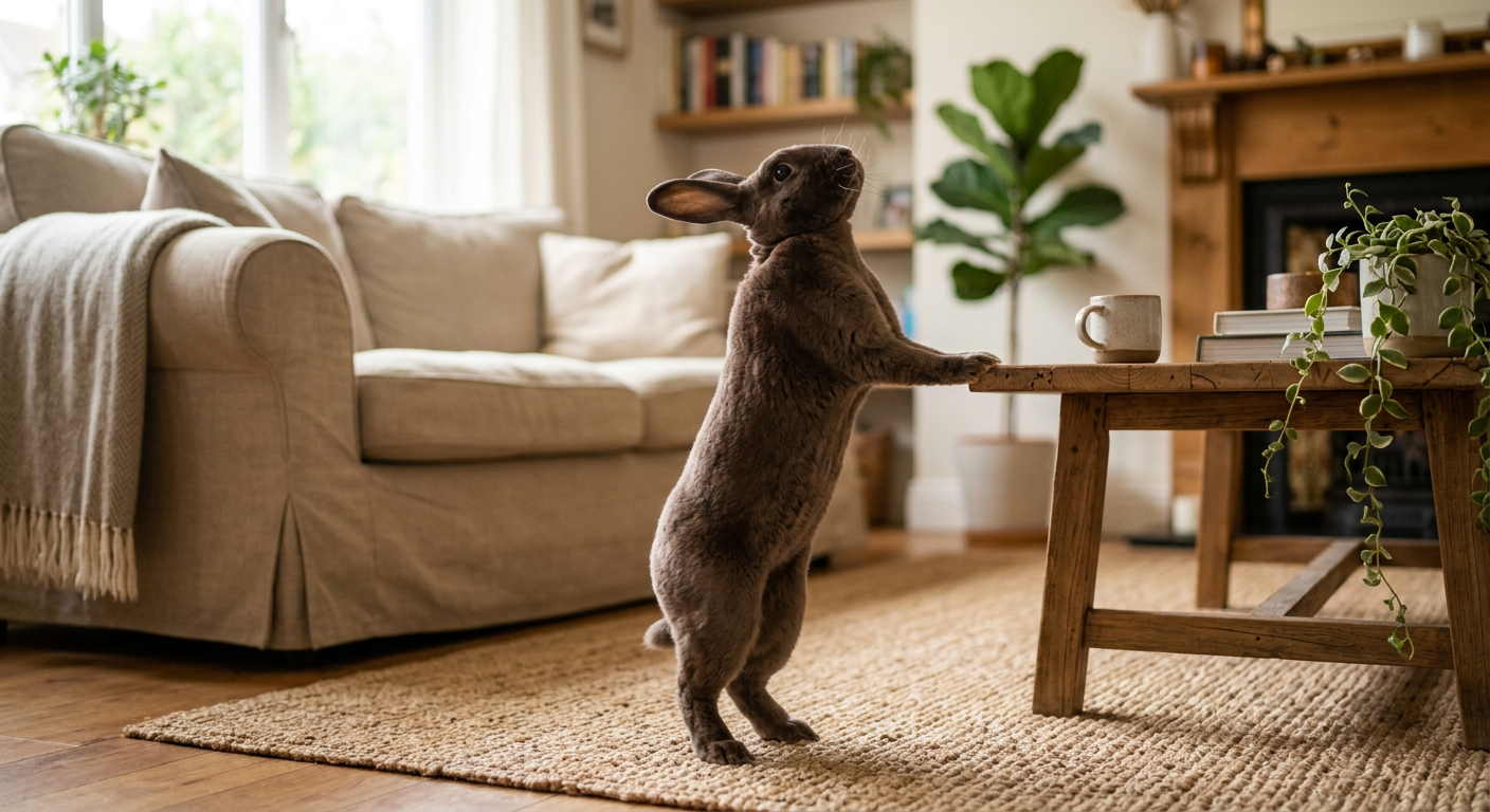 A Rex rabbit stretching in its enclosure showing good spinal flexibility and health.