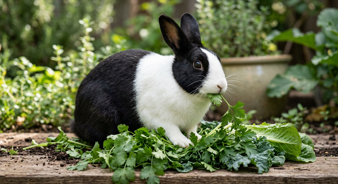 A Dutch rabbit happily munching on a bunch of fresh cilantro and leafy greens.