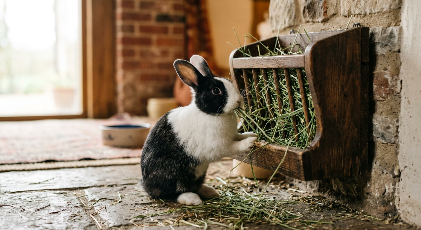A fluffy Dutch rabbit happily munching on a large pile of fresh green timothy hay in a bright room.