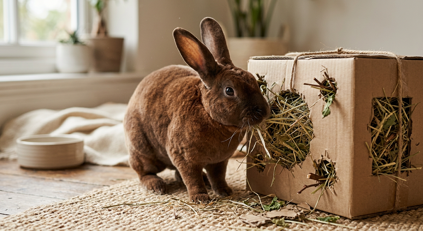 A brown Rex rabbit investigating a cardboard foraging box filled with hay and hidden treats.