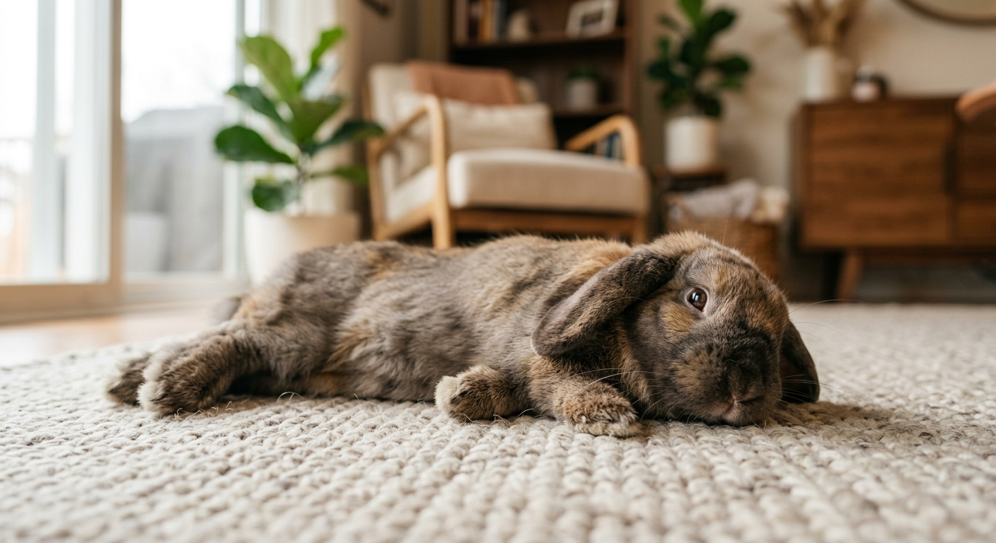 A Holland Lop rabbit lying comfortably on a rug next to a bowl of fresh water.