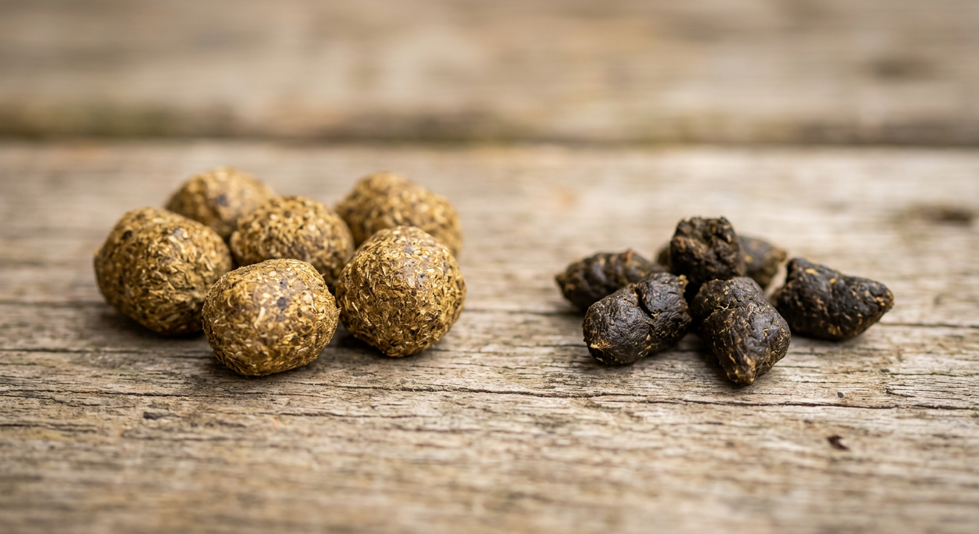 A close up photo of healthy round fibrous rabbit droppings next to smaller dry ones for comparison.