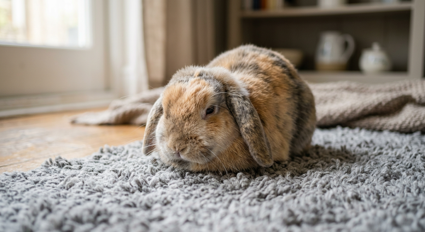 A Holland Lop rabbit sitting in a hunched position appearing uncomfortable on a soft rug.