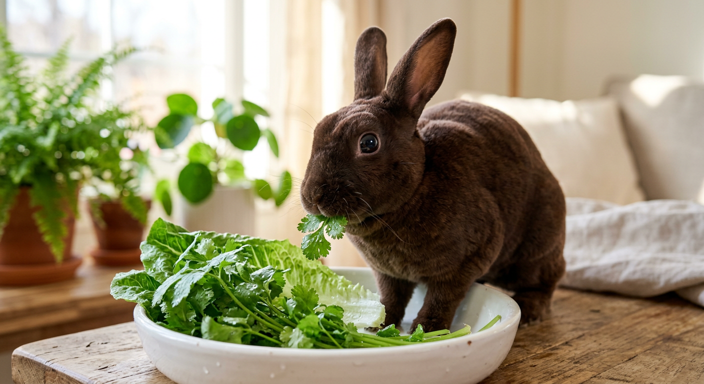 A Rex rabbit eating fresh wet cilantro and leafy greens from a ceramic bowl.