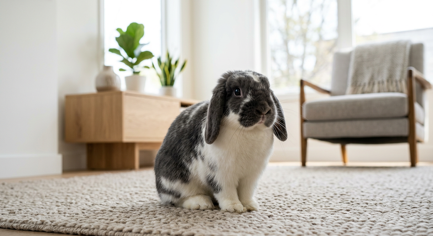 An adorable Holland Lop rabbit sits in a clean living environment without dust while twitching its nose.