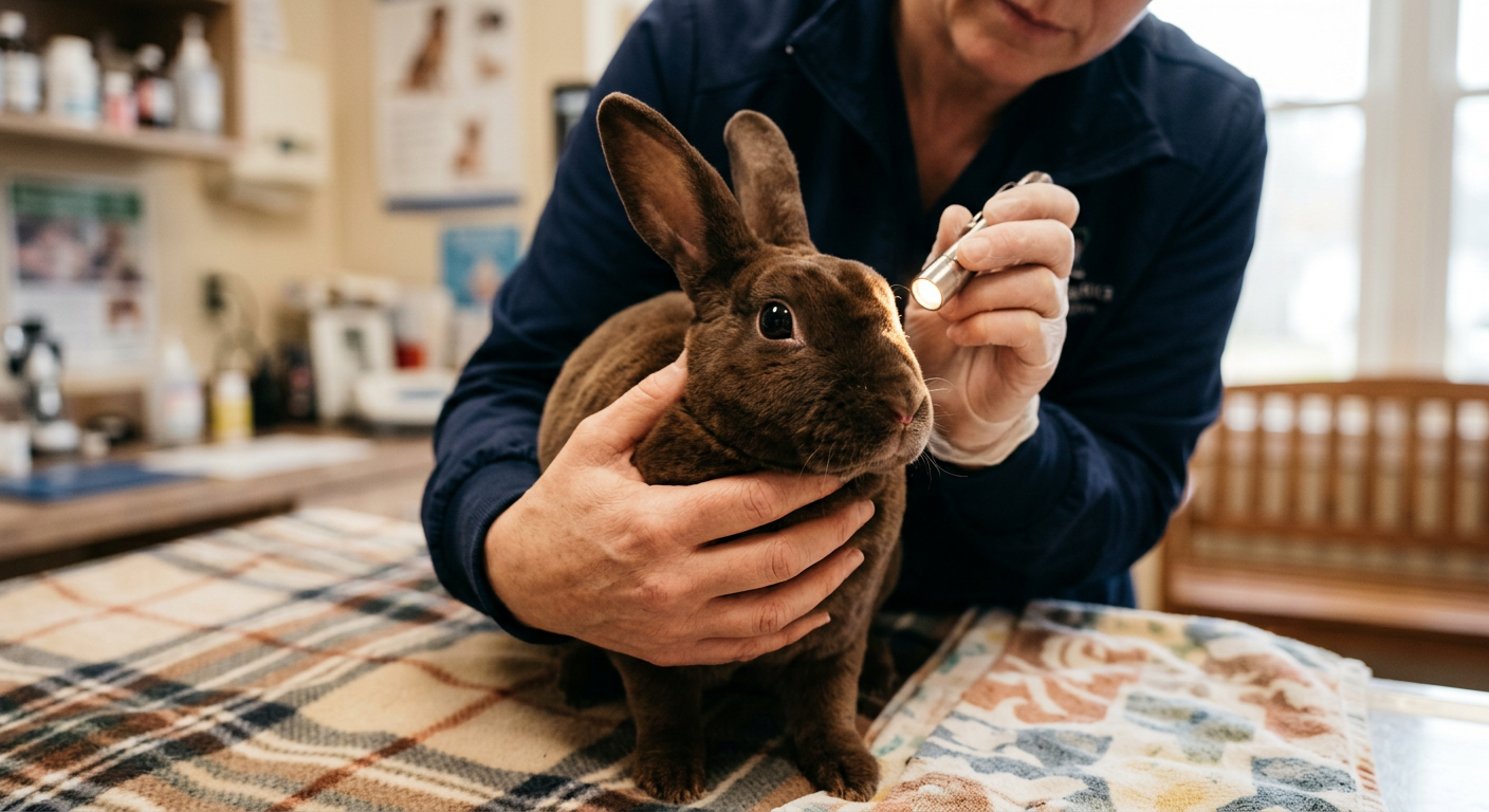 A veterinarian gently examining a Rex rabbit to check its respiratory health and nasal passages.