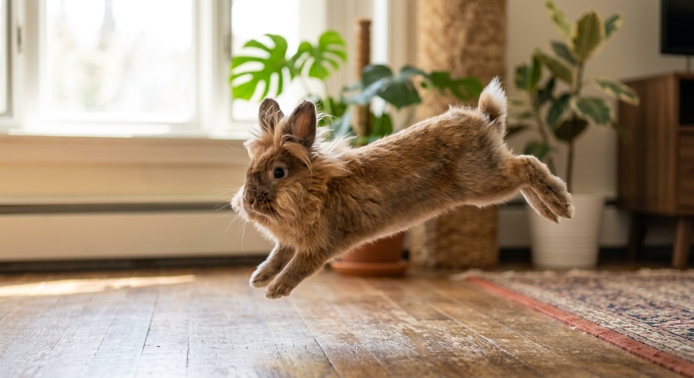 A Lionhead rabbit jumping happily in a clean space to show a healthy respiratory system.