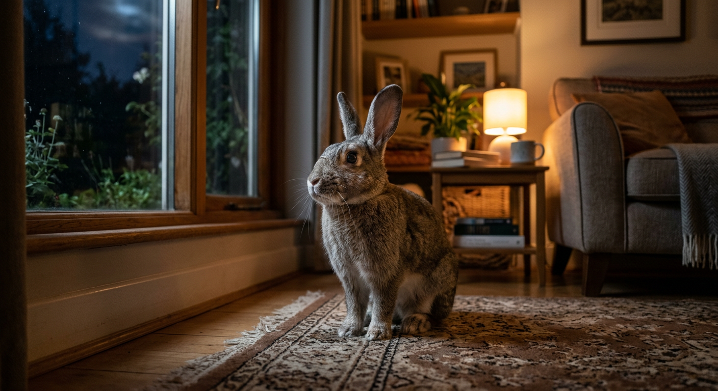 A domestic rabbit standing alert in a dimly lit room during the night.