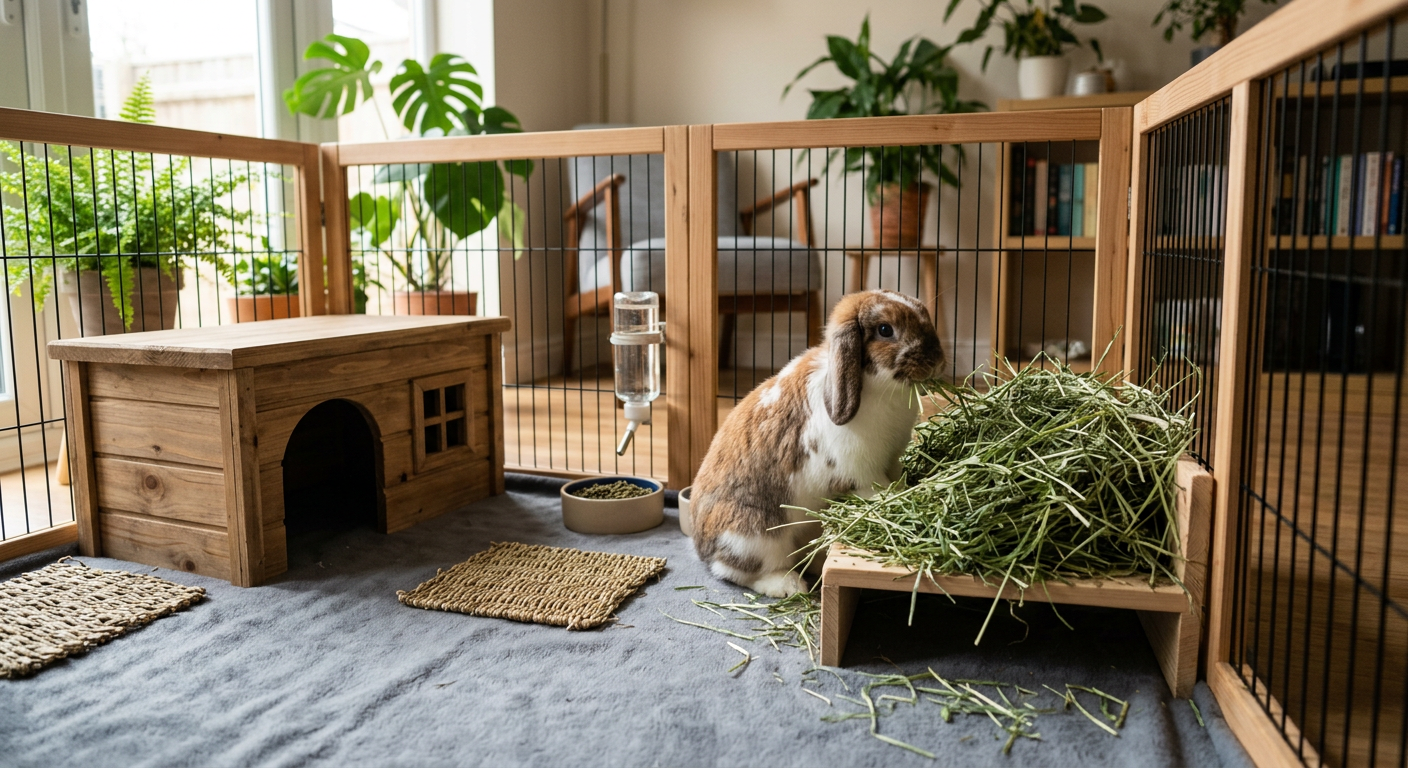 A cozy rabbit enclosure with a hidey-house and plenty of fresh hay.