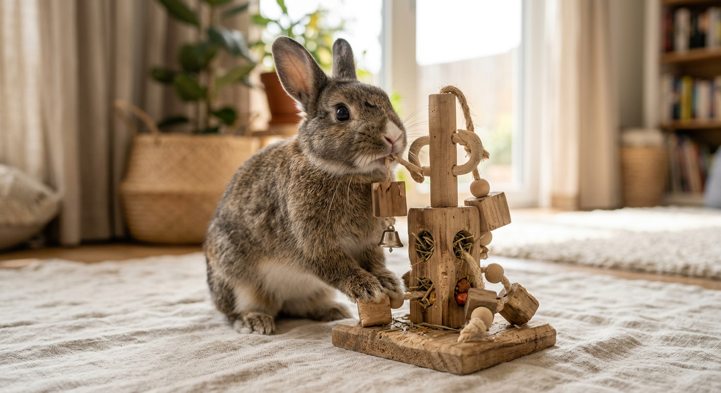 A rabbit interacting with a wooden logic toy for mental stimulation.