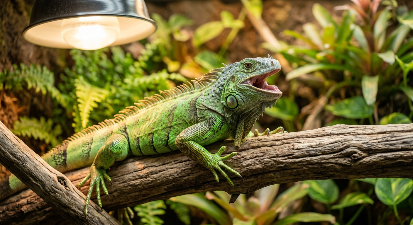 A green iguana basking under a heat lamp on a wooden branch in its enclosure.